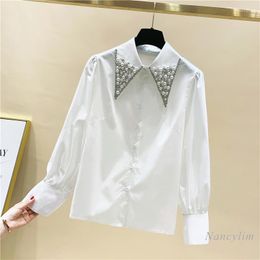 Dames blouses kralen diamant poppen kraag witte blouse dames 2023 lentekleding losse dame chic top vrouwelijk all-match blusas nancylim