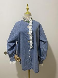 Dames blouses kralen parel denim shirt vrouwen 2023 lente losse blusas top kanten stiksel jean blouse Koreaanse stijl zware industrie