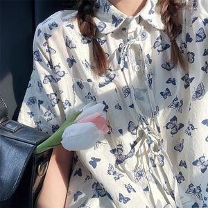 Damesblouses Beige Chiffon Elegant Vlinderprint Overhemd met knopen POLO T-shirts Kawaii Lady Summer Large 2XL Preppy Tieners Koreaans Casual