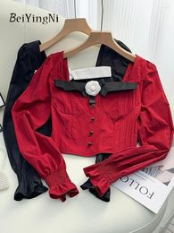 Women's Blouses Beiyingni Franse vierkante kraag blusa's voor vrouwenbloem 2024 Koreaanse chique mode shirts vrouwelijk vintage witte elastiek