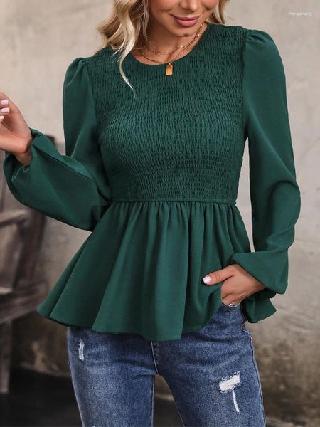 Blusas de mujer Benuynffy O-cuello Keyhole Back Shirred Top Blusa Mujer Otoño Coreano Manga larga Linterna Sólido Elegante Peplum Camisas 2024