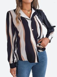 Blusas de mujer Benuynffy Bloque de color a rayas con muescas Cuello en V Tops 2023 Primavera Otoño Manga larga Casual Trabajo Oficina Camisa Top