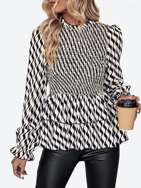 Blouses Femmes Benuynffy Wave Print Keyhole Back Smocking Tops Femmes Mode 2023 Automne Stand Manches Longues High Street Work Peplum Blouse Top