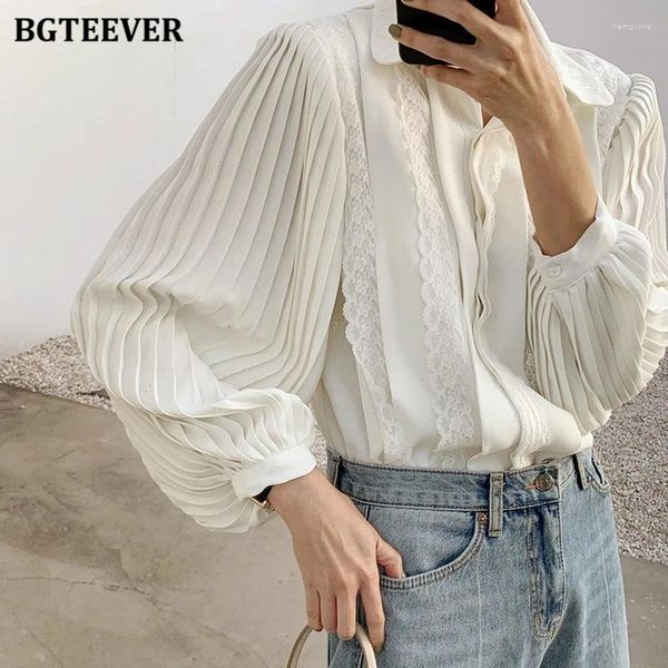 Blusas de mujer BGTEEVER con solapa elegante, Tops plisados de manga larga para mujer, camisas lisas holgadas elegantes de un solo pecho para mujer