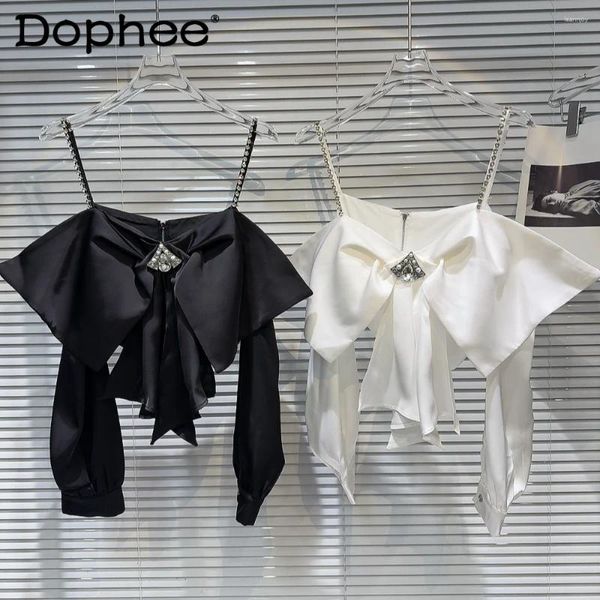 Blouses pour femmes Big Bow décoratif digne strass Sling Blouse 2024 printemps été hors épaule à manches longues chemise de couleur unie femmes