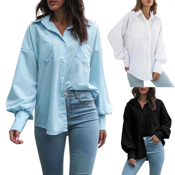 Blusas de mujer Blusa con manga de linterna grande Camisas para mujer Elegante de un solo pecho Camisa blanca de oficina para mujer Tops sueltos para mujer y