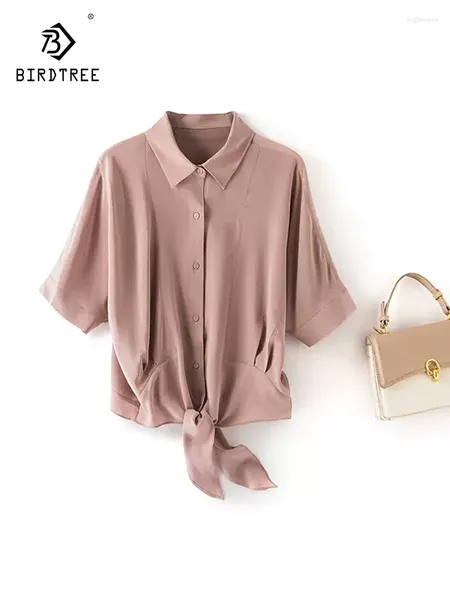 Blouses de femmes Birdtree 16 mm Real Silk Shirts For Women Long Solide Solid Lace-Up Elegant Sweet Ol Commute 2024 printemps T42208QC