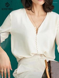 Blouses pour femmes Birdtree 19 mm Blouse blanche de soie naturelle Femme Bouton Soft V-col