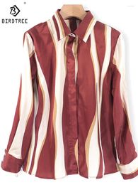 Blouses pour femmes Birdtree 95% Real Silk Commute Shirt Femmes Polo Nec de style britannique Stripe Long Sleeves Loose Simple Blouse 2024 printemps