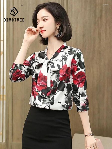 Blouses pour femmes Birdtree Bow à manches longues Floral 91,8% Mulberry Silk 8,2% Shirts Spandex Office Spring Summer Lady Tops T37753QC