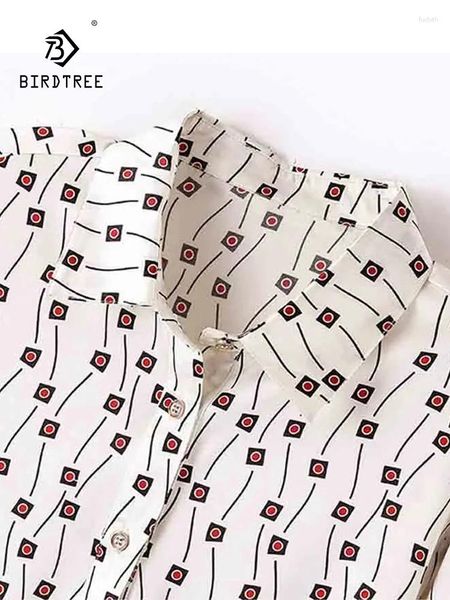 Blusas para mujeres Birdtree elegante Baita Baita Baita Blusa de manga larga 90% Seda 10% Camisa impresa Spandex 2024 Spring Outumn T39256QC