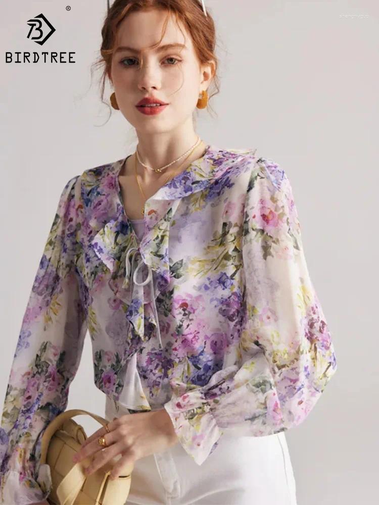Blusas femininas Birdtree estampa floral de manga longa do viajante fino 40% de seda 60% de viscose de camisa do sol 2024 T3D559QM