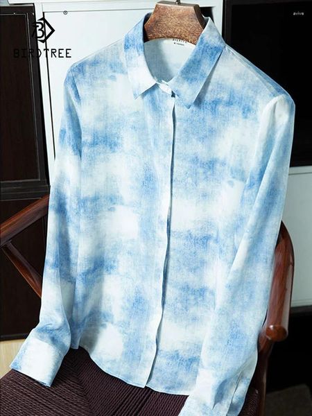Blouses pour femmes Birdtree Real Silk Commuter Shirt Tie Tive Dyed Cowboy Halo Loose Long Sleeved 2024 Spring Summer T3D985QC