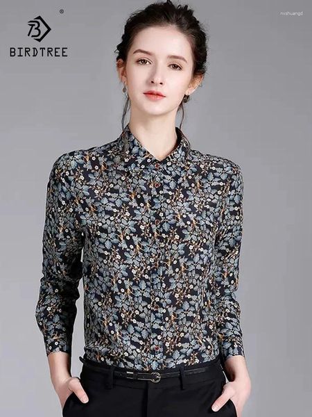 Blouses pour femmes Birdtree Real Silk Shirt for Women à manches longues Tempérament imprimé à la floraison ol Blouse 2024 printemps T42218QC