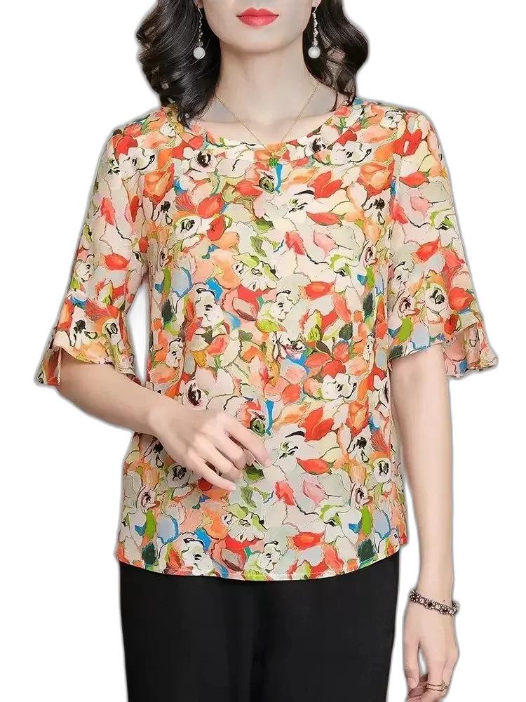 BirdTree Floral Print  Silk plus size blouses for Women - Elegant Ruffle Sleeve OL Top for Spring 2024 (T42288QM)