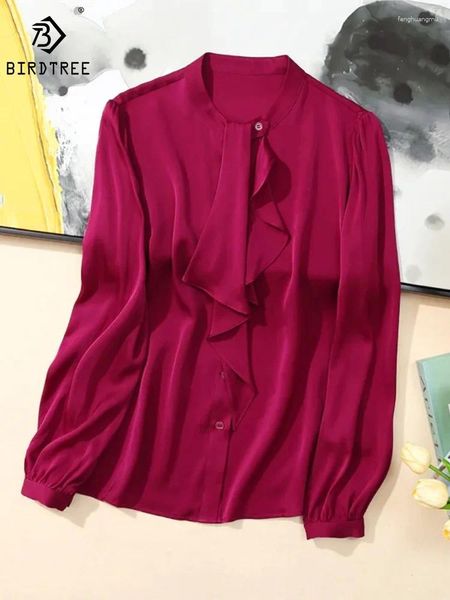 Blouses pour femmes Birdtree Stand Collar Ruffles Blouse de mode 19 mm Real Silk Elegant Long Squirts à manches longues 2024 Spring Top T41329QM