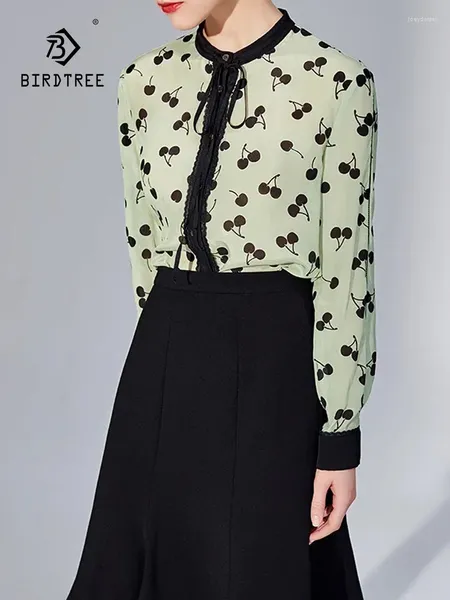 Boderas de mujeres Birdtree Women Bow Collar Cherry Manga larga ol Spring Autumn Real Seda Real Seda Básica T3D639QC