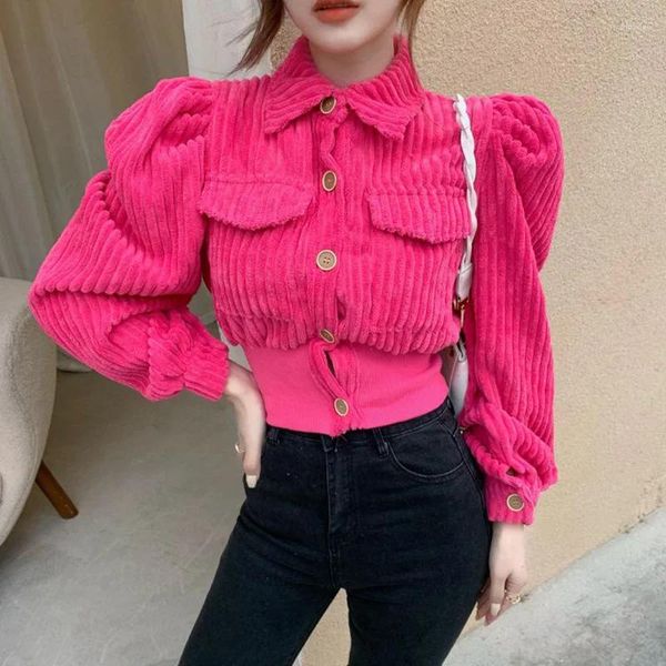 Blouses Femmes Biyaby Rose Rouge Chemise Courte Femme Coréenne Slim Turn-Down Col Corduroy Manteaux Femmes 2024 Printemps Automne Doux Plis Dame