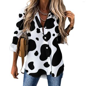 Blusas de mujer con estampado de vaca en blanco y negro, blusa informal con lunares, patrón moderno, camisa holgada de manga larga para mujer, Tops de gran tamaño para otoño