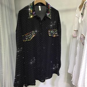 Blouses voor dames zwart -wit diamanten shirt lichte zomer zonnebrandcrème zijden nagel kralen chiffon blouse