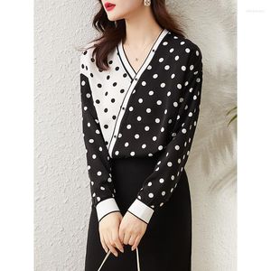 Women's Blouses Black Dots Stitch V-Neck lange mouwen lente herfst top shirts mode 2022 vintage kleding voor vrouwen vrouw
