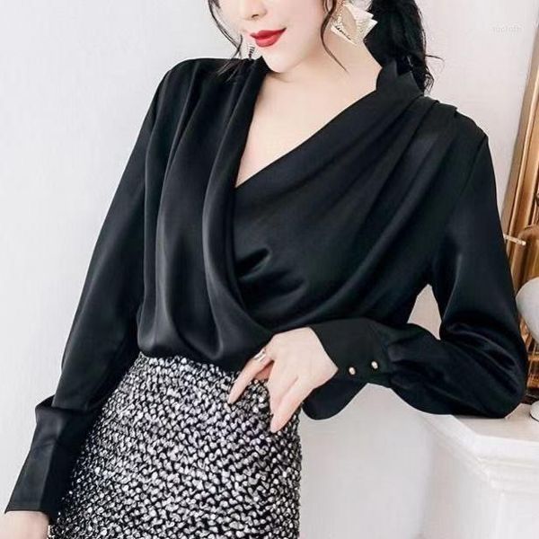 Blouses pour femmes noir élégant col en v profond à manches longues femmes chemises mode bureau dames hauts décontracté couleur unie Sexy attrayant B31