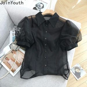 Damesblouses Zwart gaas voor vrouwen tuniek puff mouw zomer shirts 2024 blusas mujer de Moda temperament zie doort blouse tops