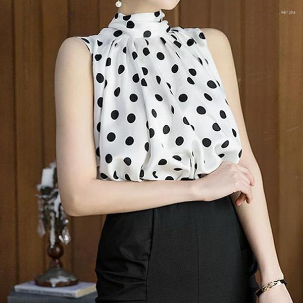 Blusas de mujer, camisa de gasa blanca con lunares negros, blusa de moda Primavera Verano 2023, estilo coreano, cuello redondo, informal, sin mangas para mujer