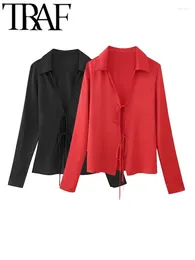 Blusas de mujer Black Women Red Satin Blouse Casual 2024 Summer v Back Bow Back Hollow Out Camisa delgada