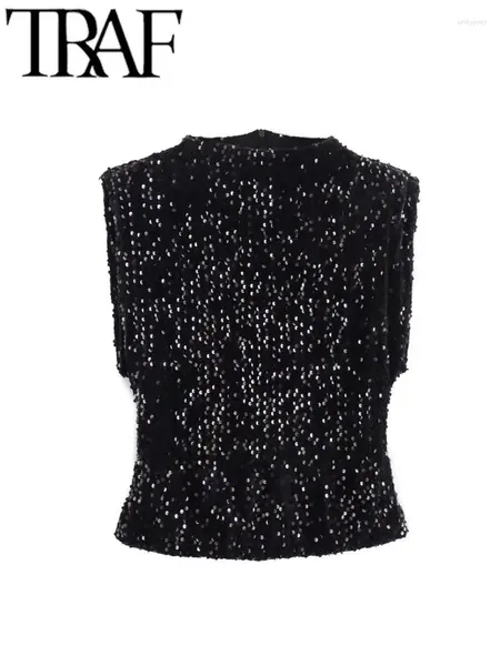 Blouses pour femmes Noir Brillant Paillettes Femmes Blouse Casual O Cou Chemise Slim Femme Sans Manches Haut Court Party Club 2024 Printemps Y2K