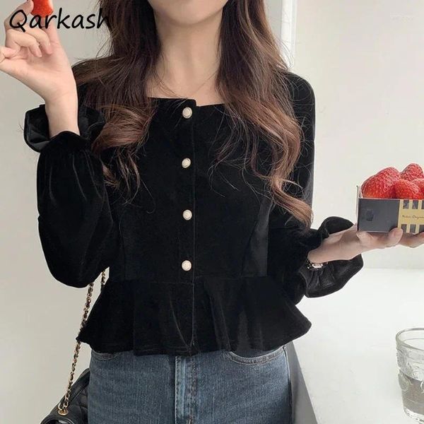 Blusas para mujer Camisas negras Mujeres Vintage Puff Manga Cuello cuadrado Tops franceses Camisa All-Match Streetwear Ulzzang Camisas con estilo de