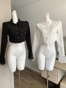 Blouses Black Shirts voor dames Y2K Vintage Koreaanse Harajuku 2000s Elegante mode lange mouw o-neck kanten wit shirt kleding 2024