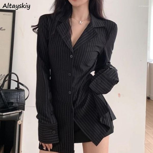 Blouses pour femmes Chemises à rayures noires Femmes Slim V-cou à manches longues solides Single Bodycone Sexy Girls Korean Style All-Match Office