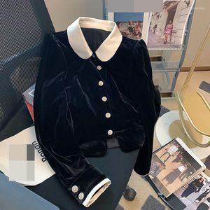 Damesblouses Black Velvet Doll Collar Shirt For Women's 2023 Spring Fashion Small Top Shirts Slim Fit Tops Women