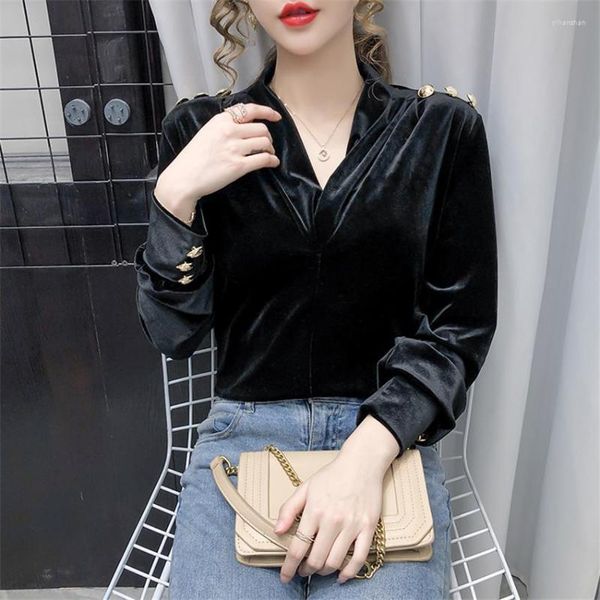 Blusas De Mujer De terciopelo negro Vintage Mujer Tops Moda coreana ropa De invierno Casual camisa suelta Blusas Mujer De Moda 2023