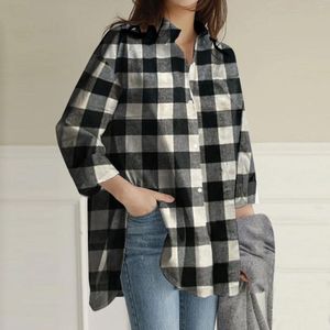 Blusas de mujer Camisa con estampado a cuadros negro, blanco y gris, blusa Harajuku de manga larga con cuello de solapa, ropa informal suelta de gran tamaño con un solo pecho