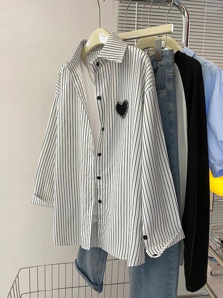 Blusas de mujer Camisa de manga larga con cuello POLO a rayas blancas y negras Primavera Otoño Moda Chic Mujer Suelta Cárdigan de una botonadura delgada