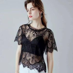 Blusas de mujer Negro Blanco Verano Mujeres Sexy Floral Encaje Camisas delgadas Damas Elegante Casual Manga corta Camisetas Blusas Blusa