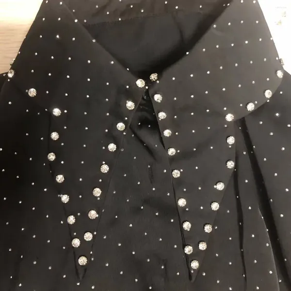 Blouses pour femmes Blingbling diamants forage mousseline de soie soyeuse et chemises pour femmes 2024 coréen à manches longues noir haut blanc Blusas