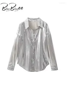 Blouses Femmes BlingBlingee Argent Brillant Métallisé Femmes Chemisier Casual 2024 Printemps Col En V À Manches Longues Chemise Boutonnée Femme Top Y2K