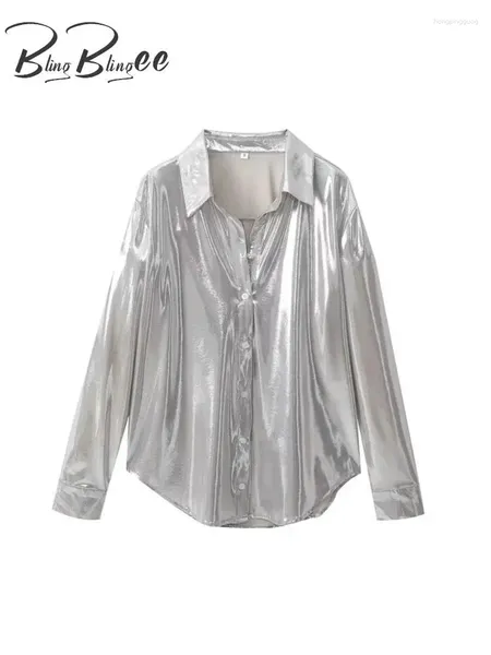 Blusas de mujer BlingBlingee plata brillante metálico mujer blusa casual 2024 primavera cuello en v manga larga camisa con botones top femenino Y2K