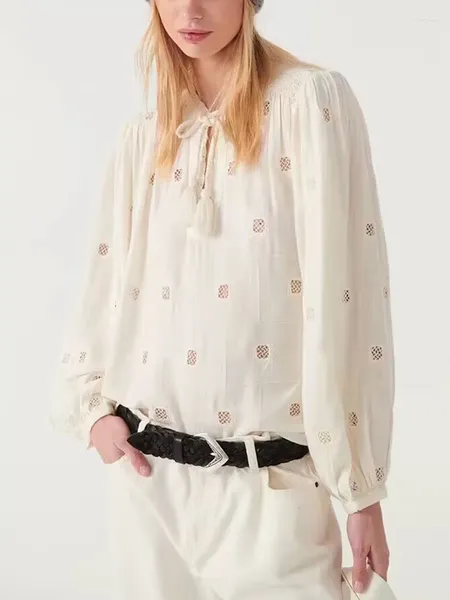 Blusas de mujer, blusa de diseño calado con bloques, blusa holgada con cordones y manga larga acampanada con cuello en V para mujer, camisa blanca o negra