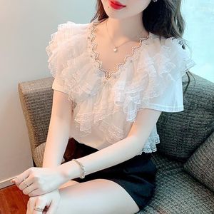 Women's Blouses Blouse 2022 Zomerjurk Nieuwste Super Fairy Gas Gauze Gaunt Switch Short -Sleeveved T -Shirt Dames losse zoete vrouw