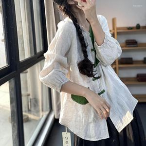 Blusas de mujer blusa de algodón manga de algodón artístico retro contraste bordado hilo parche tela de estilo de estilo nacional