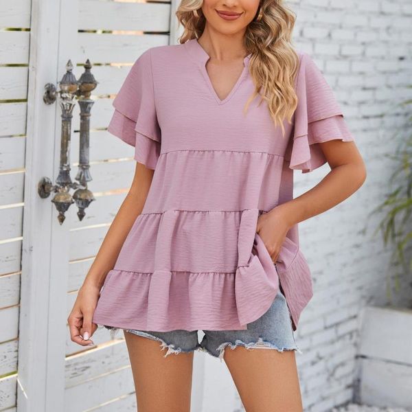 Blouses pour femmes Blouse Mode Double Couche À Volants Manches Tops Pour Femmes Casual Col En V Tunique Dentelle Superposition Camisole Femmes T-shirts