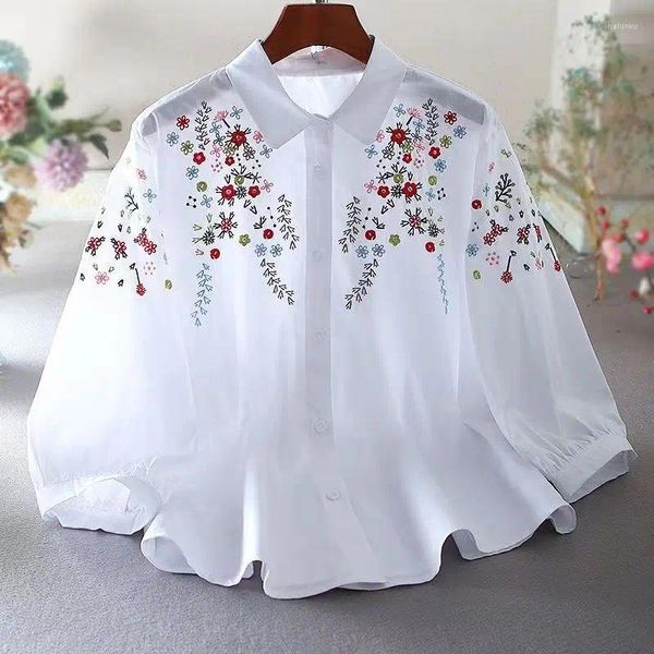 Blouses Femme Chemisier Femme Printemps/Été Littérature Et Art Petite Fleur De Broderie Fraîche Rétro Col POLO Ample Chemise À Manches 3/4 Femmes