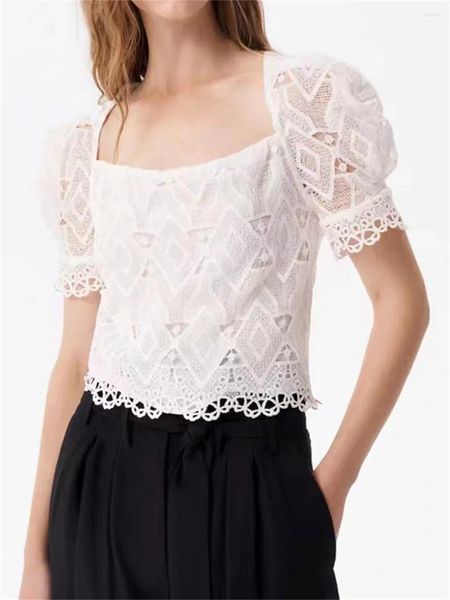 Blouse de chemisiers pour femmes pour femmes 2023 Lace Geométrique Collier carré Collier Hollow Out Sleve