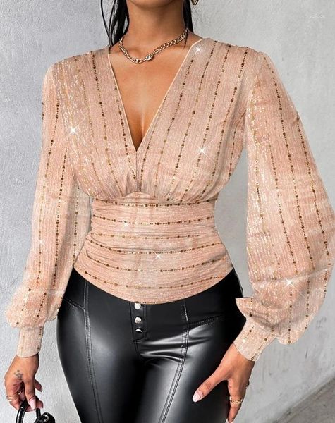 Blouses pour femmes Chemisier pour femmes 2024 Printemps Col en V profond Paillettes Plongeant Lanterne Manches Chemise Moulante Paillettes Maille Top Couleur Unie Pull