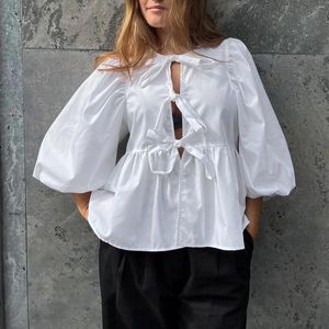 Dames Blouses Blouse Voor Dames Basic Tie Front Tops Informeel Effen Kleur Losvallend Overhemd met 3/4 mouwen Vest Club Street chic Esthetische kleding