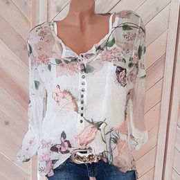 Blouse blouse voor vrouwen voor vrouwen geklede bloemen gedrukte knop t-shirt chiffon onregelmatige zoom top blusas de verano para mujer 2023